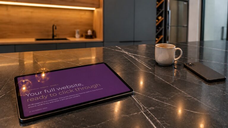 A tablet on a dark marble kitchen island showing the cover of a Creo prototype guide for the PFP Financial website, next to a coffee mug and a phone